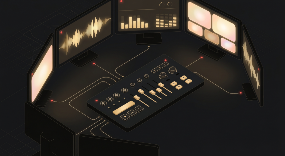 Dark premium switcher interface (vMix, waveforms, clean video feeds).
